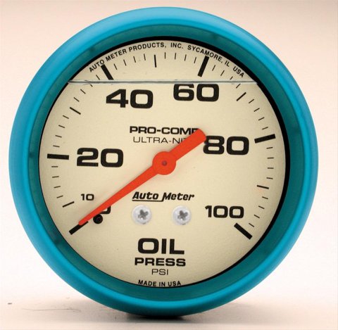 Autometer Ultra-Nite 2-5/8in 0-100 PSI Liquid Filled Mechanical Glow In Dark Oil Pressure Gauge