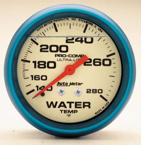 Autometer Ultra-Nite 2-5/8in 140-280 Degree Liquid Filled Mechanical Glow In Dark Water Temp Gauge