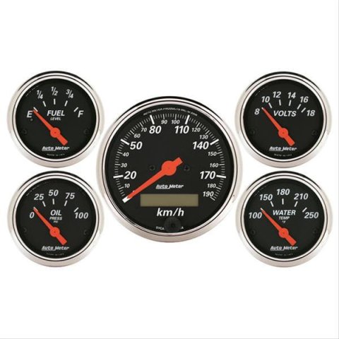 Autometer Designer Black 5 Pc Kit w/ Elec KMH Speedo, Oil Press, Water Temp, Volt, Fuel Level
