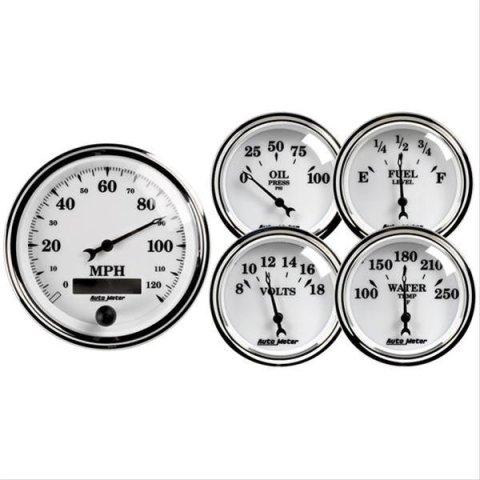 Autometer Old Tyme White II 5 Piece Kit (Elec Speed/Oil Press/Water Temp/Volt/Fuel Level)