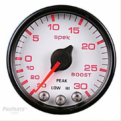Autometer Spek-Pro Gauge Vac/Boost 2 1/16in 30Inhg-30psi Stepper Motor W/Peak & Warn White/Black