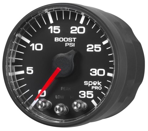 Autometer Spek-Pro Gauge Boost 2 1/16in 35psi Stepper Motor W/Peak & Warn Black/Black