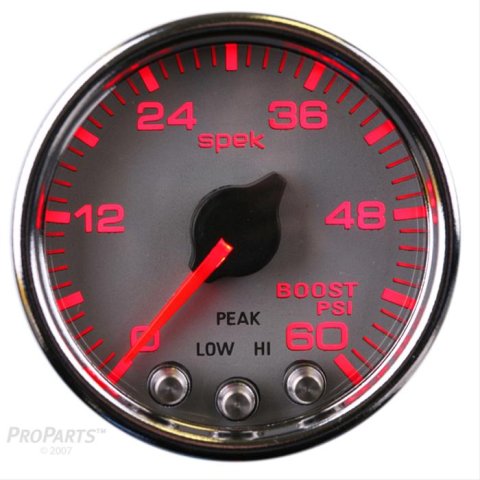 Autometer Spek-Pro Gauge Boost 2 1/16in 60psi Stepper Motor W/Peak & Warn Slvr/Chrm