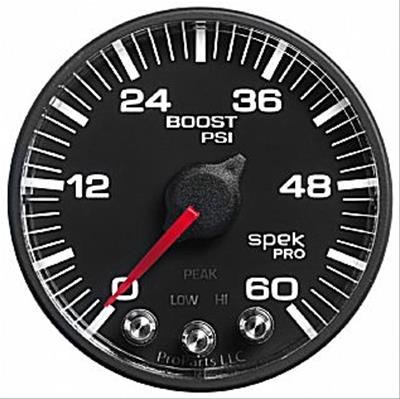 Autometer Spek-Pro Gauge Boost 2 1/16in 60psi Stepper Motor W/Peak & Warn Blk/Black