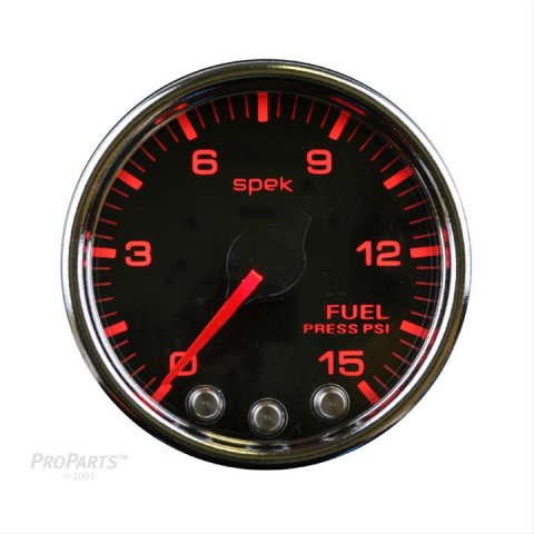 Autometer Spek-Pro Gauge Fuel Press 2 1/16in 15psi Stepper Motor W/Peak & Warn Blk/Chrm