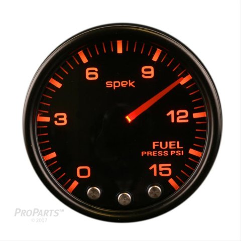 Autometer Spek-Pro Gauge Fuel Press 2 1/16in 15psi Stepper Motor W/Peak & Warn Blk/Smoke/Blk