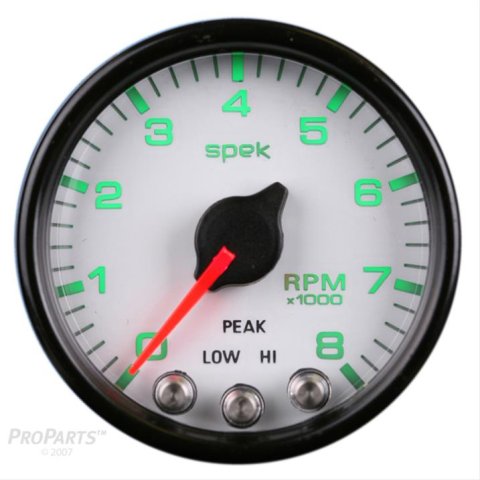 Autometer Spek-Pro Gauge Tach 2 1/16in 8K Rpm W/ Shift Light & Peak Mem Wht/Blk