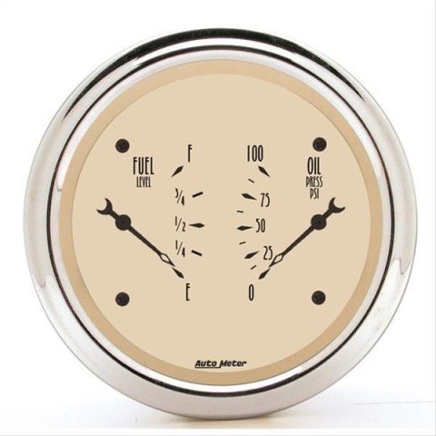 AutoMeter Gauge Dual Fuel & Oilp 3-3/8in. 0 Ohm(e) to 90 Ohm(f)& 100PSI Elec Antique Beige