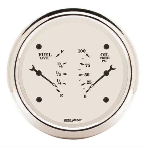 AutoMeter Gauge Dual Fuel & Oilp 3-3/8in. 240 Ohm(e) to 33 Ohm(f) & 100PSI Elec Old Tyme Wht