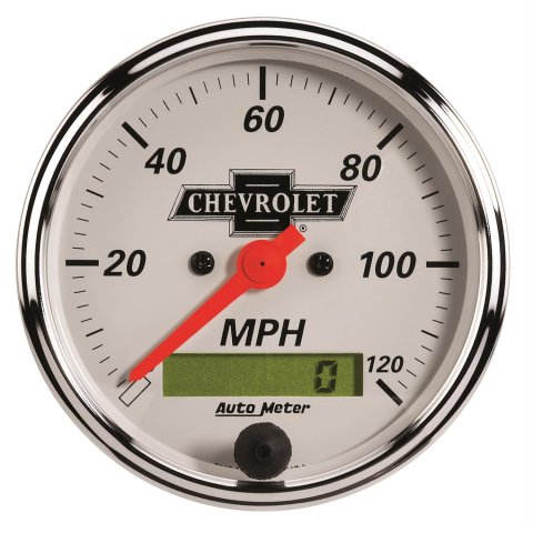 AutoMeter Gauge Speedo 3-1/8in. 120MPH Elec Prog W/ Lcd Odo Chevrolet Heritage Bowtie