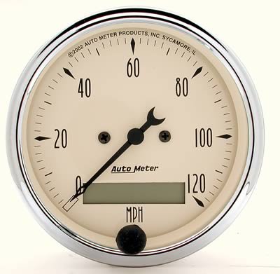 AutoMeter Gauge Speedo. 3-1/8in. 120MPH Elec. Prog. W/ Lcd Odo Antique Beige