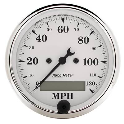 AutoMeter Gauge Speedo. 3-1/8in. 120MPH Elec. Prog. W/ Lcd Odo Old Tyme White
