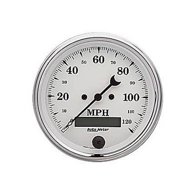 AutoMeter Gauge Speedo. 3-3/8in. 120MPH Elec. Prog. W/ Lcd Odo Old Tyme White
