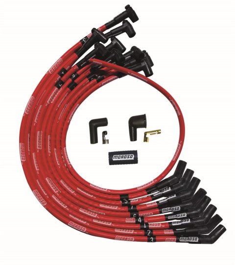 Moroso SBC Over Valve Cover 135 Deg Plug HEI Sleeved Ultra Spark Plug Wire Set - Red