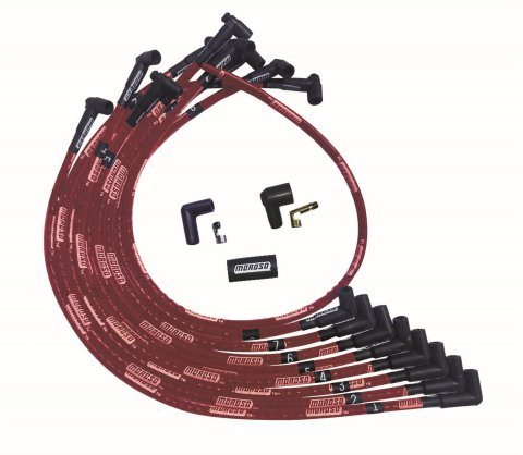 Moroso SBC Over Valve Cover 90 Deg Plug HEI Sleeved Ultra Spark Plug Wire Set - Red