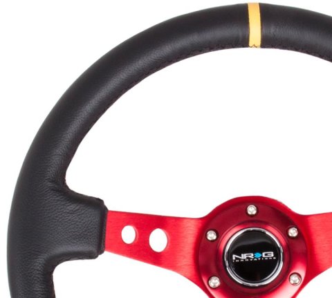 NRG Reinforced Steering Wheel (350mm / 3in. Deep) Blk Leather w/Red Spokes & Sgl Yellow Center Mark