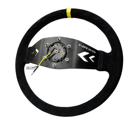 NRG Reinforced Steering Wheel (350mm / 3in. Deep) Blk Suede w/NRG Arrow Cut 2-Spoke & Yellow Mark