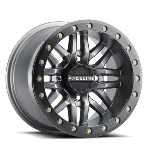 Raceline A91G Ryno 14x7in/4x137 BP/10mm Offset/110.18mm Bore - Gunmetal & Black Ring Beadlock Wheel