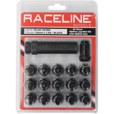 Raceline Spline Lug Nut Kit with Spline Key 12 x 1.25 - 16 Pack - Black
