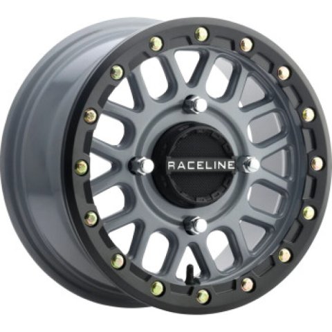Raceline A93SG Podium 14x7in/4x156 BP/38mm Offset/132.5mm Bore - Grey & Black Ring Beadlock Wheel