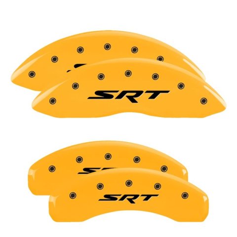 MGP 4 Caliper Covers Engraved Front & Rear 11-18 Jeep Grand Cherokee Yellow Finish Black SRT Logo