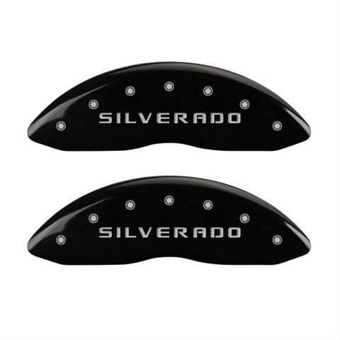 MGP 4 Caliper Covers Engraved Front & Rear Silverado Black finish silver ch