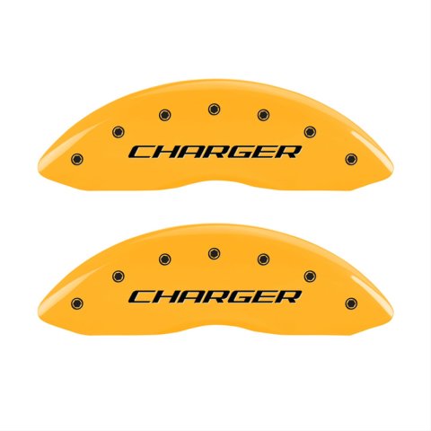 MGP 4 Caliper Covers Engraved Front Charger Engraved Rear RT Yellow finish black ch