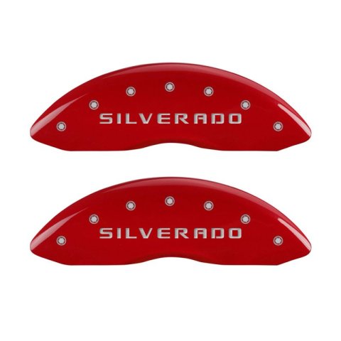 MGP 4 Caliper Covers Engraved Front & Rear Silverado Red finish silver ch