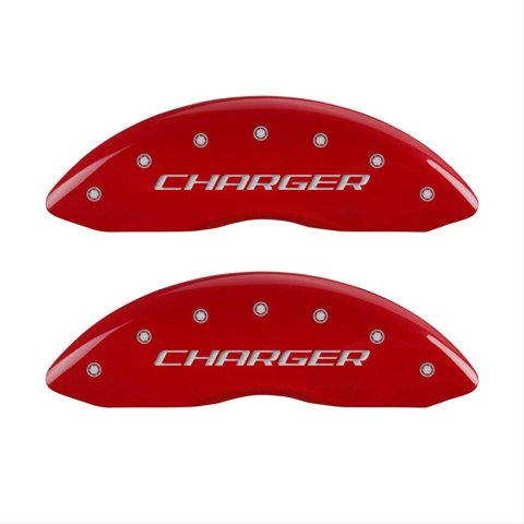 MGP 4 Caliper Covers Engraved Front Charger Engraved Rear RT Red finish silver ch