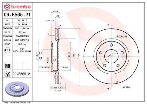 Brembo OE 13-19 Nissan Sentra UV Coated Brake Disc - Front