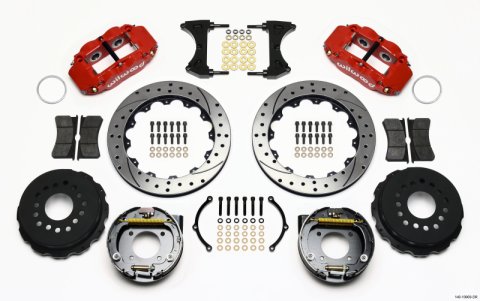 Wilwood Narrow Superlite 4R Rear P-Brk Kit 12.88in Drilled Red Chevy 12 Bolt-Spec 3.15in Brng Front