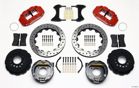 Wilwood Narrow Superlite 4R Rear P-Brk Kit 12.88in Drilled Red Chevy 12 Bolt w/ C-Clips Staggered mt
