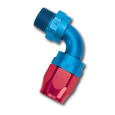 Russell Performance -10 AN Red/Blue 90 Deg Full Flow Swivel Pipe Thread Hose End (With 1/2in NPT)