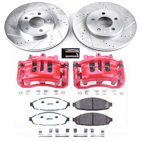 PowerStop Z26 Street Warrior Brake Upgrade Kits with Calipers KC1364-26 Disc Kits, Performance, Front, Cross-drilled/Slotted Rotors, Red Powdercoated Calipers, 2-piston, Ford, Lincoln, Mercury, Kit