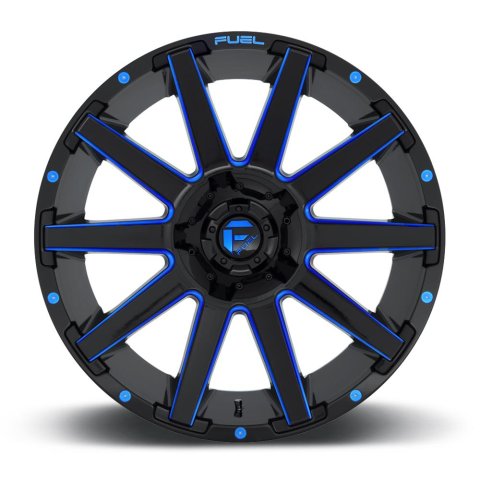 Fuel Off-Road Contra D644 Gloss Black Wheels with Candy Blue Accents 20x9 Wheel, D644, 20 x 9, Aluminum, Black, Accent, 6 x 135mm Bolt Pattern, +20mm Offset, 5.790 in. Backspace, Each