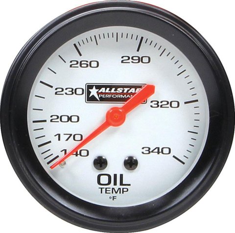 Allstar Performance Gauges ALL80097 Gauge, Allstar, Oil Temperature, 140-340 Degrees F, 2 5/8 in. Diameter, Analog, Full Sweep, Illuminated, Mechanical, White Face, Black Bezel, Each