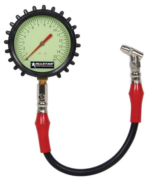 Allstar Performance Tire Gauges ALL44046 Press Gauge, 4 in. Diameter Face, 0-15 psi, Glow In The Dark, 14 in. Hose, Each