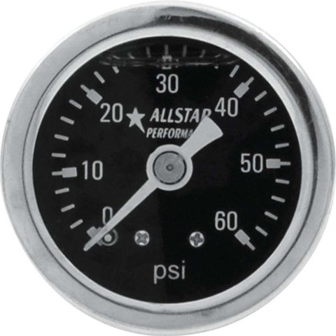 Allstar Performance Gauges ALL80204 Gauges, Pressure, Analog, Round, 0-60 psi, Black Face, White Numbers and Pointer, Polished Bezel, Liquid-filled, Mechanical, 1 1/2 in. Diameter, Each