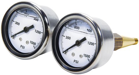 Allstar Performance Gauges ALL11026 Gauges, Brake Pressure, Analog, Round, 0-1,500 psi, White Face, Black Numbers and Pointer, Polished Bezel, Liquid-filled, Mechanical, Pair