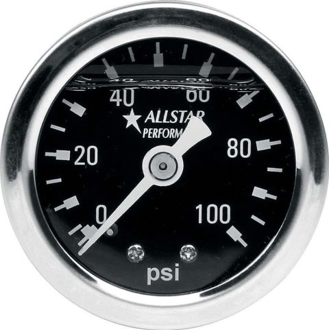 Allstar Performance Gauges ALL80206 Gauge, Fuel Pressure, 0-100 psi, 1 1/2 in., Liquid Filled, Black Face, 1/8 in. NPT, Each