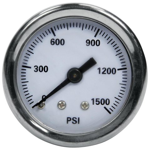 Allstar Performance Gauges ALL99345 Gauges, Brake Pressure, Analog, Round, 0-1,500 psi, White Face, Black Numbers and Pointer, Polished Bezel, Liquid-filled, 1 1/2 in. Diameter, Each
