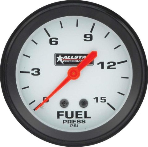 Allstar Performance Gauges ALL80098 Gauge, Allstar, Fuel Pressure, 0-15 psi, 2 5/8 in. Diameter, Analog, Full Sweep, Illuminated, Mechanical, White Face, Black Bezel, Each