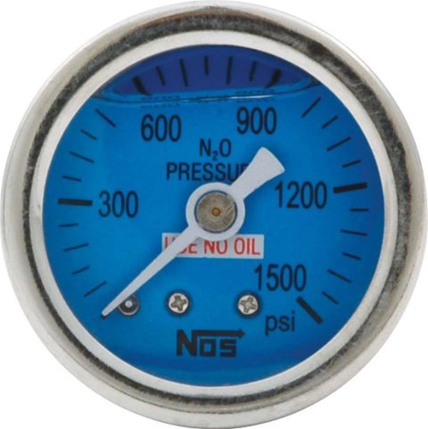 Allstar Performance Gauges ALL80208 Gauges, Nitrous Pressure, Analog, Round, 0-1,500 psi, Blue Face, Black Numbers, Polished Bezel, Liquid-filled, Mechanical, 1 1/2 in. Diameter, Each
