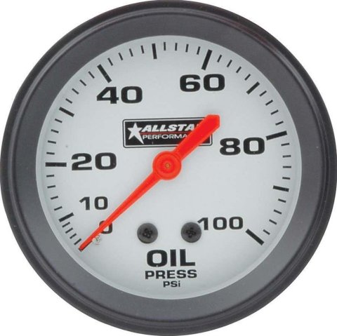 Allstar Performance Gauges ALL80095 Gauge, Allstar, Oil Pressure, 0-100 psi, 2 5/8 in. Diameter, Analog, Full Sweep, Illuminated, Mechanical, White Face, Black Bezel, Each