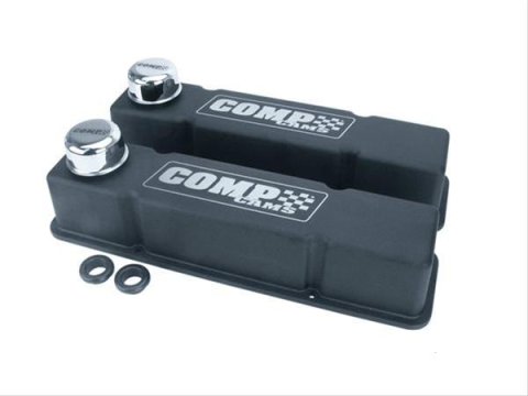 COMP Cams Black-Wrinkle Powdercoated Valve Covers 280 Covers, Tall, Perimeter Bolt Mounting Style, Cast Aluminum, Black, Comp Logo, Chevy, Small Block, Pair