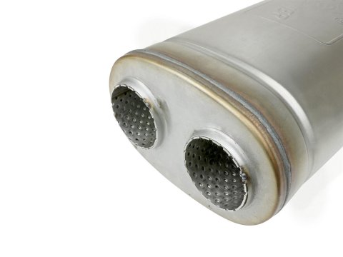 aFe Mach Force XP 409 Stainless Steel 2.5 Inch Muffler 49M00052 Mufflers, XP, Steel, Natural, Oval Case, Dual 2.50 in. Center Inlets/Outlets, 18.00 in. Overall Length, Each