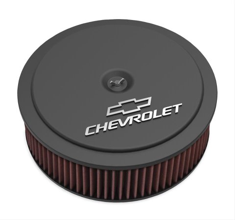 Holley GM Muscle Series Air Cleaners 120-221 Cleaners, Series, 14 in. Round, 1 in. Drop, Chevy Logo, Aluminum, Black Finish, 4 in. Filter, Red, Cotton Gauze, Chrome Wing nut, Kit