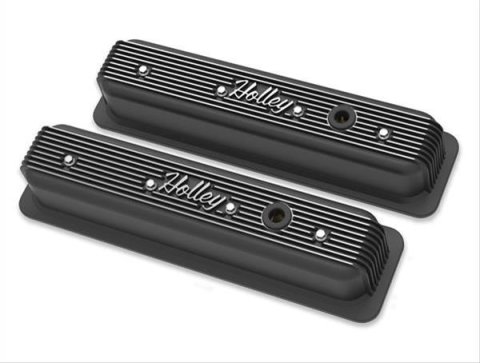 Holley Vintage Series Valve Covers 241-247 Covers, Series, Centerbolt, Finned, Logo, Cast Aluminum, Black Satin Finish, Baffled, Chevy, 5.0L, 5.7L, Pair