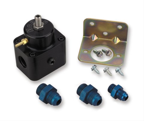 Holley Adjustable Fuel Injection Regulators 512-504-5 Pressure Regulators, Adjustable, 15-65 psi, Inline, -8 AN Inlet and Outlet, -6 AN Return, Female Thread, O-Ring Cut, Aluminum, Black, Each