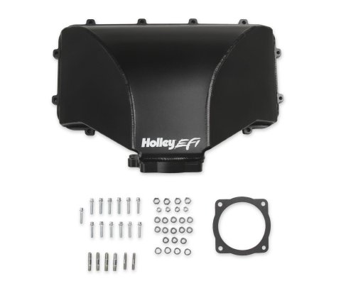 Holley EFI Ford Fabricated Hi-Ram Intake Manifold Tops 300-281 Manifolds, Fabricated, Hi-Ram, Throttle Body, Top Only, 95mm Bore, Aluminum, Black Finish, Ford, 5.0L, Windsor, Kit